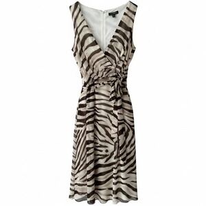 Lauren Ralph Lauren Zebra Print Faux Wrap Dress Cream Brown 12P Sleeveless NWT